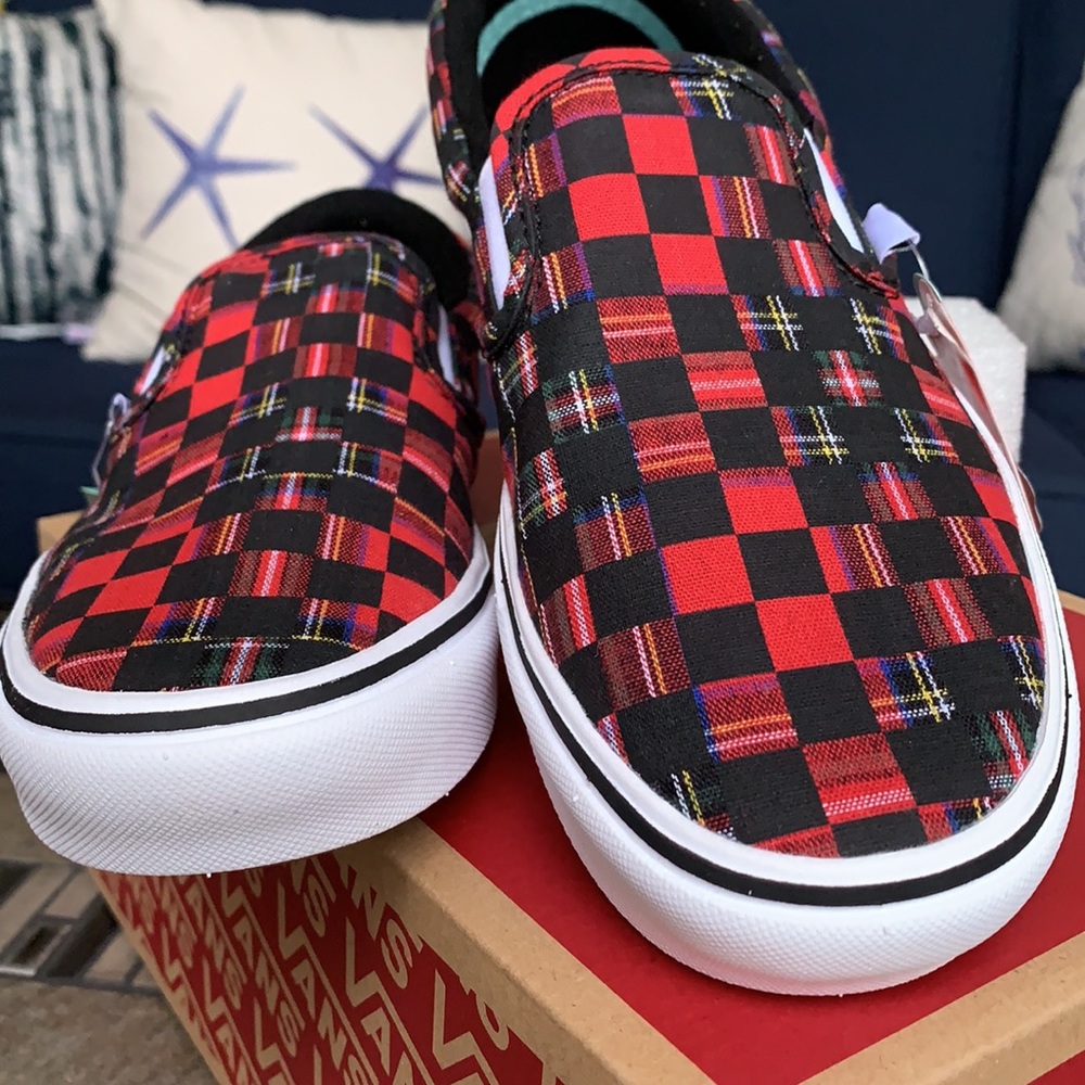 VANS COMFYCUSH SLIP ON PLAID CHECK RED/TRWHT WMNS - Picture 10 of 16